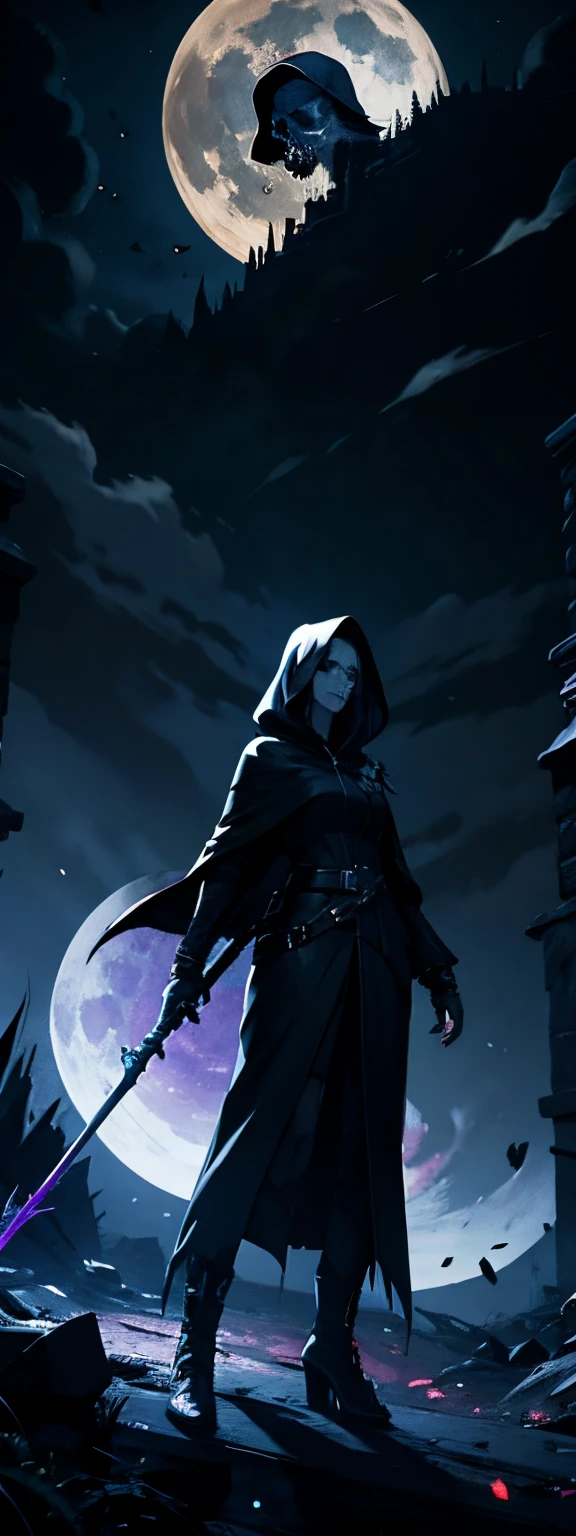 A female image of death [[Grim Reapece skull, [[[[pointing her finger to the viewer!!!]]]], full body image, wearing a dark hooded cloak, holding a Scythe with her other hand, full moon on the background, [[high quality]], 4k, high quality image, unreal engine, cinematic, look from below, amazing night sky!!!!