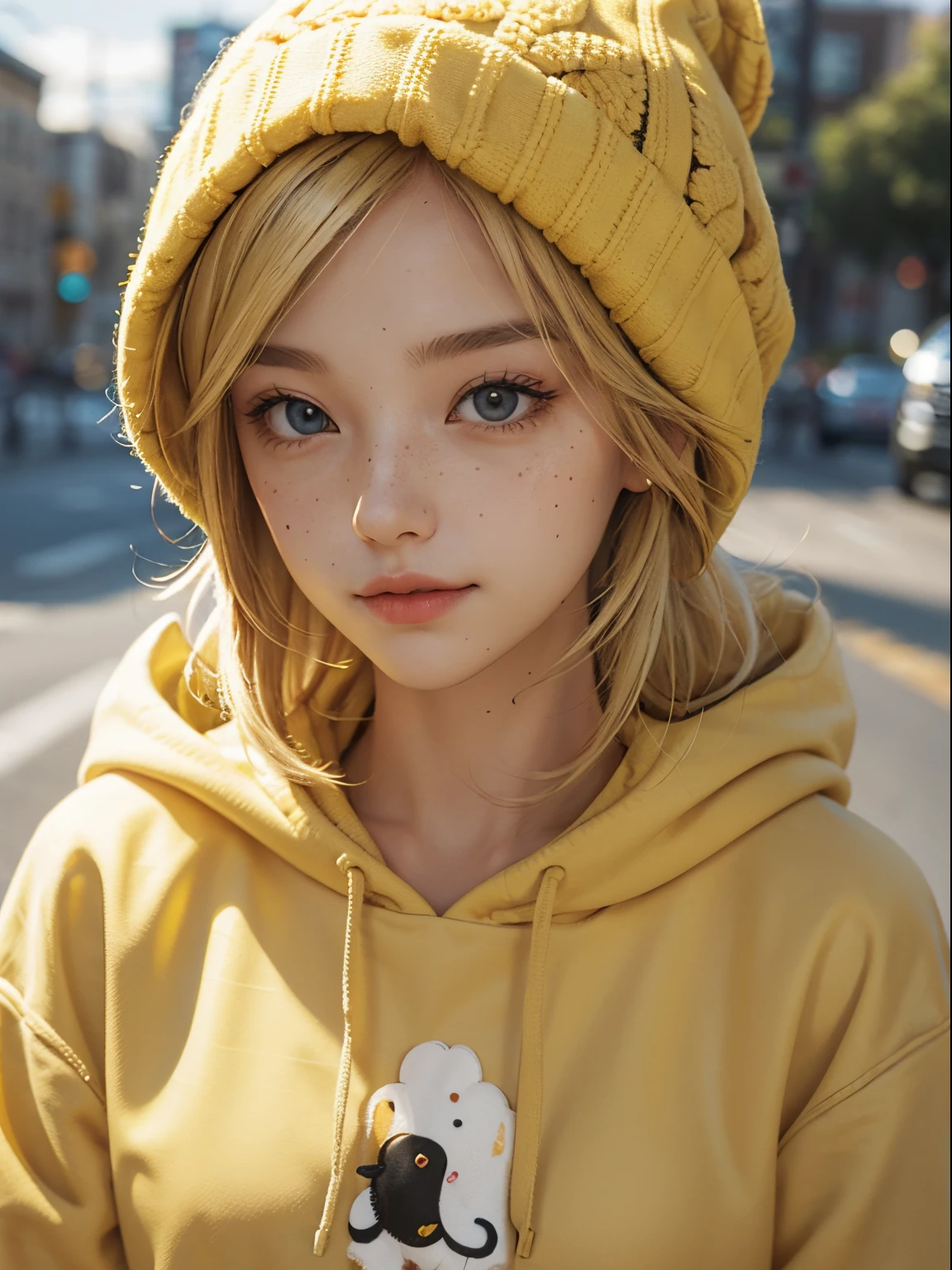 Blonde Girl wearing yellow beanie and yellow hoodie, freckles: 0.8, closeup:0.8, round clear sunglasses