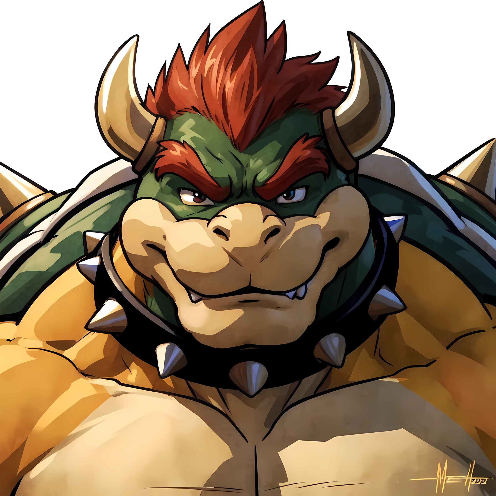 bowser, 4k, high resolution, best quality, posted on e621, solo, male, masculine, pectorals, very muscular, very heavyweight, (white background, no background:1.1), (wfa style, meesh style:1.0), bowser anatomy, (detailed face, detailed eyes:1.0), (cel shaded:1.2), cartoony shading, cartoony proportions, shiny skin, shiny muscles, close-up, front view