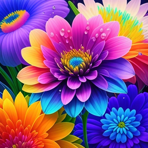 Close-up of a bouquet of flowers with water drops, Eine magische bunte Blume, satte Blumenfarbe, Magische Blumen, Lebendige und satte Farben, Colorful alien flora, bunte Blume, Bunte Blumen, Bunter HD-Tropfen, lebendig und farbenfroh, beautiful art uhd 4 k, Beautiful and colorful, Neonblumen, strong and vibrant colors, Farbenfroh und lebendig, Komplexe, lebendige Farben