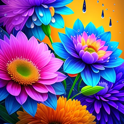 Close-up of a bouquet of flowers with water drops, Eine magische bunte Blume, satte Blumenfarbe, Magische Blumen, Lebendige und satte Farben, Colorful alien flora, bunte Blume, Bunte Blumen, Bunter HD-Tropfen, lebendig und farbenfroh, beautiful art uhd 4 k, Beautiful and colorful, Neonblumen, strong and vibrant colors, Farbenfroh und lebendig, Komplexe, lebendige Farben