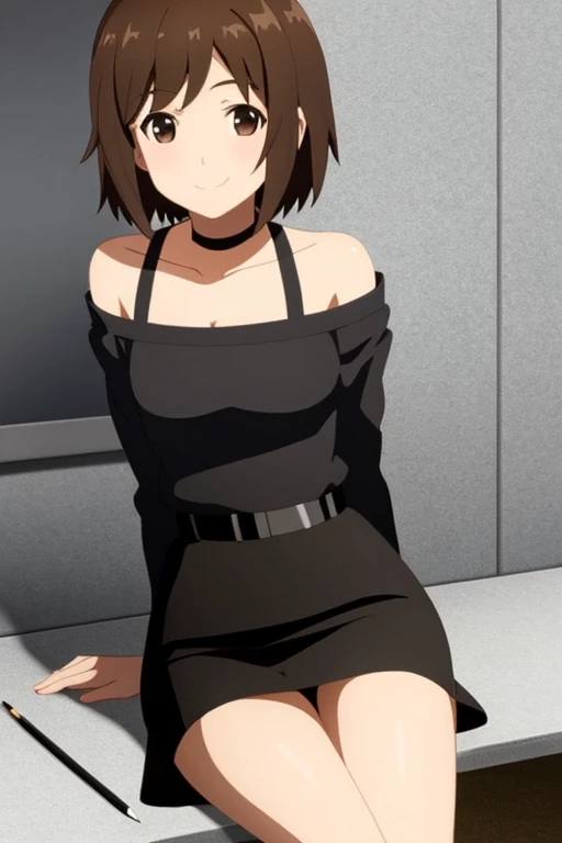 masterpiece, best quality, anime art style, aiko, brown hair, short hair, black eyes, bare shoulders, black chocker, medium breasts, short black dress, black pencil skirt, sitting,  smiling