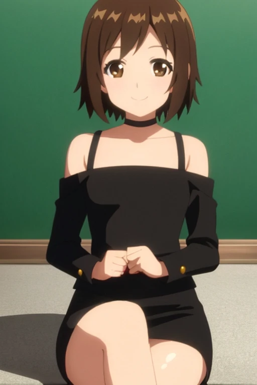 masterpiece, best quality, anime art style, aiko, brown hair, short hair, black eyes, bare shoulders, black chocker, medium breasts, short black dress, black pencil skirt, sitting,  smiling