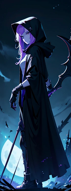 A female image of death Grim Reaper skull, pointing her finger to the viewer!! full body image, wearing a dark hooded cloak, holding a Scythe with her other hand, full moon on the background, [[high quality]], 4k, high quality image, unreal engine, cinematic, look from below, amazing night sky!!!! [[clean and detailed face]]]