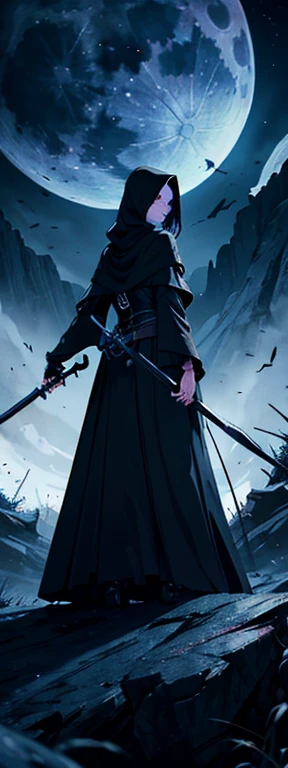 A female image of death Grim Reaper skull, pointing her finger to the viewer!! full body image, wearing a dark hooded cloak, holding a Scythe with her other hand, full moon on the background, [[high quality]], 4k, high quality image, unreal engine, cinematic, look from below, amazing night sky!!!! [[clean and detailed face]]]