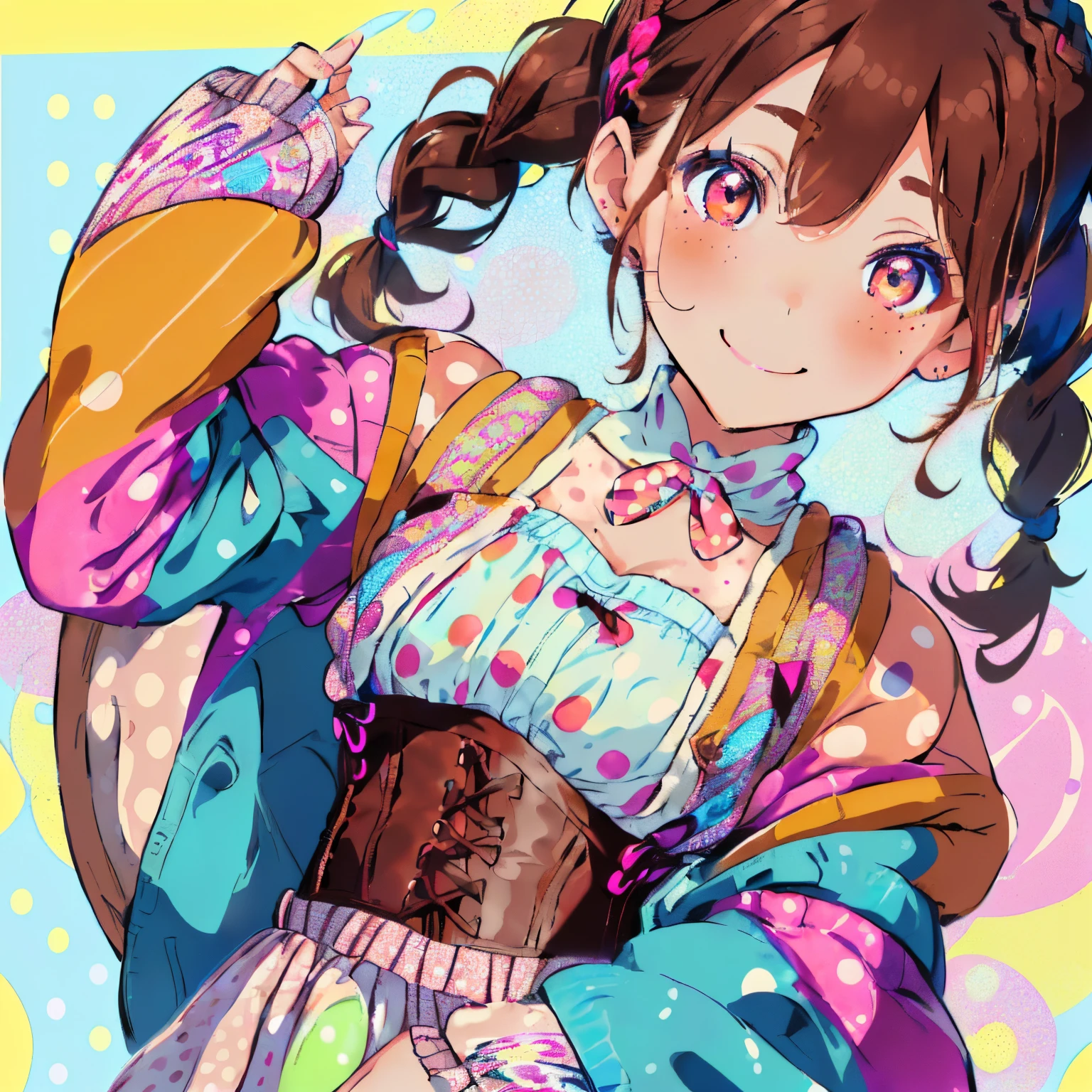 ((Brown hair)),((Braided shorthair)),((Brown eyes)),((Pigtails)),((With bangs)),((double sleeve long sleeve clothes),((Winter clothes)),(Colorful colors),((All-over polka dot dress)),((corsets)),Slight red tide,(Cute pose with a smile),((Pop, Colorful and cute world view)),Kamimei,(close up of face),
