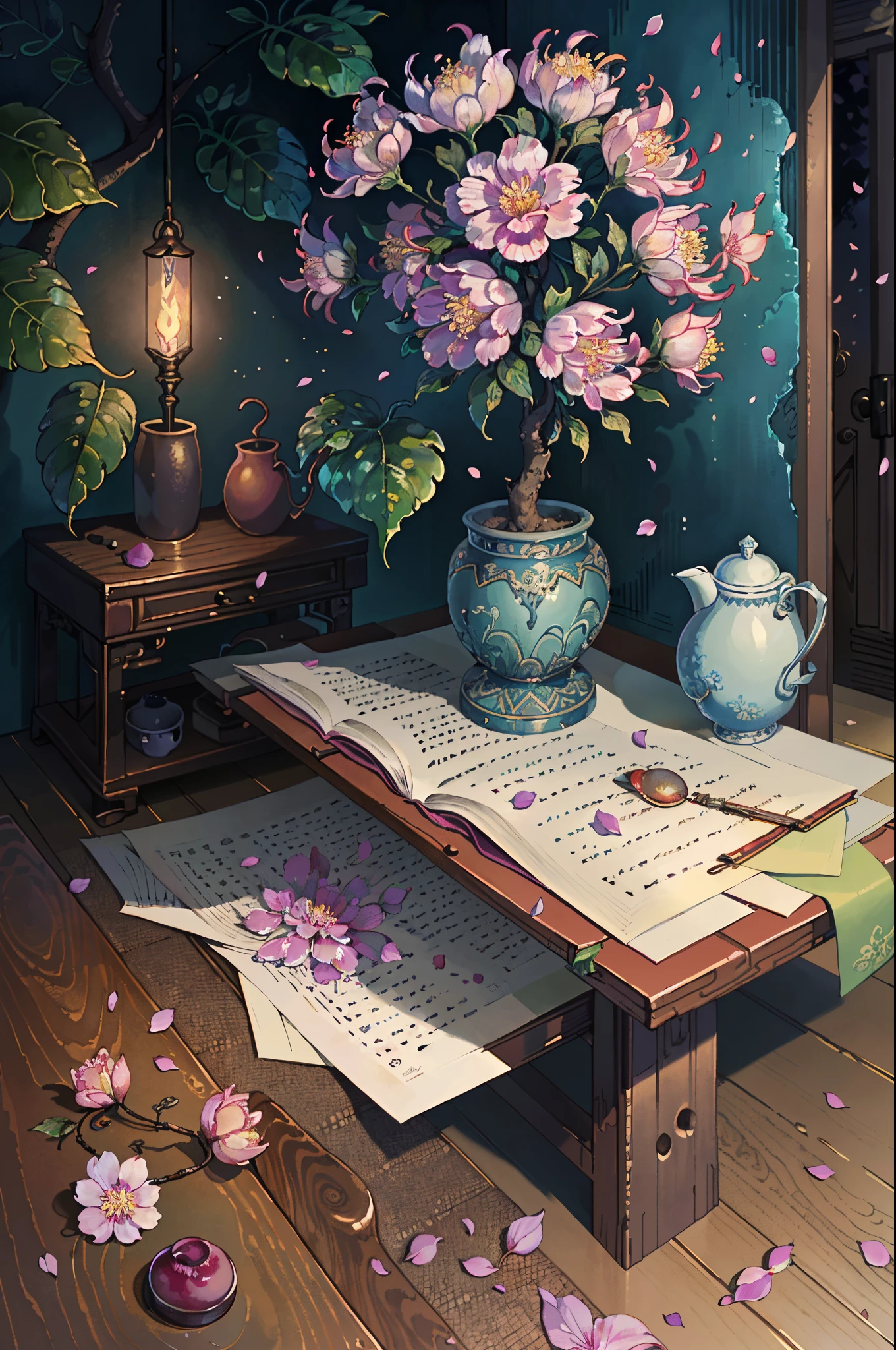 Original，（illustratio：1.1），（best qualtiy），（tmasterpiece：1.1），（the Extremely Detailed CG Unity 8K Wallpapers），（a color：1.2），Wax flower tree，Plum petals，scenecy，rios|Wagas，