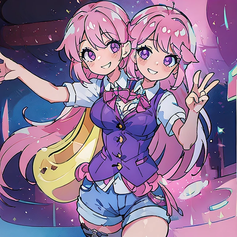 (highest quality, amazing details: 1.25), (2heads:1.5), 1girl, smiling, pink hair, blue-violet hair, casual wear, white shirt, vest, shorts, long hair, short hair, guitar