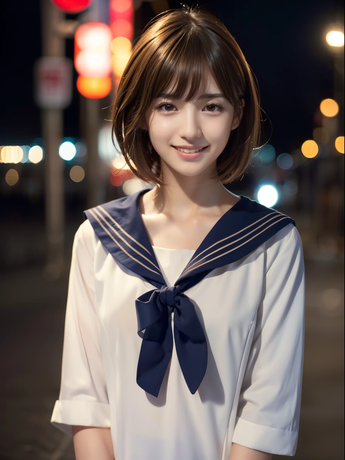 1 japanese idol,(a sailor suit:1.4),( (Raw photo, Best Quality), (Realistic, Photorealsitic:1.4), Shorthair, Slender face, masutepiece, extremely delicate and beautiful, Extremely detailed, 8k wallpaper, amazing, finely detail, extremely detailed CG Unity, hight resolution,Soft light, beautiful detail, age19, extremely detailed eye and face, beautiful detailed nose, Beautiful detailed eyes,Cinematic lighting,city light at night,Perfect Anatomy,Slender body,Smiling (hair messy, asymmetrical bangs, light brown hair,)