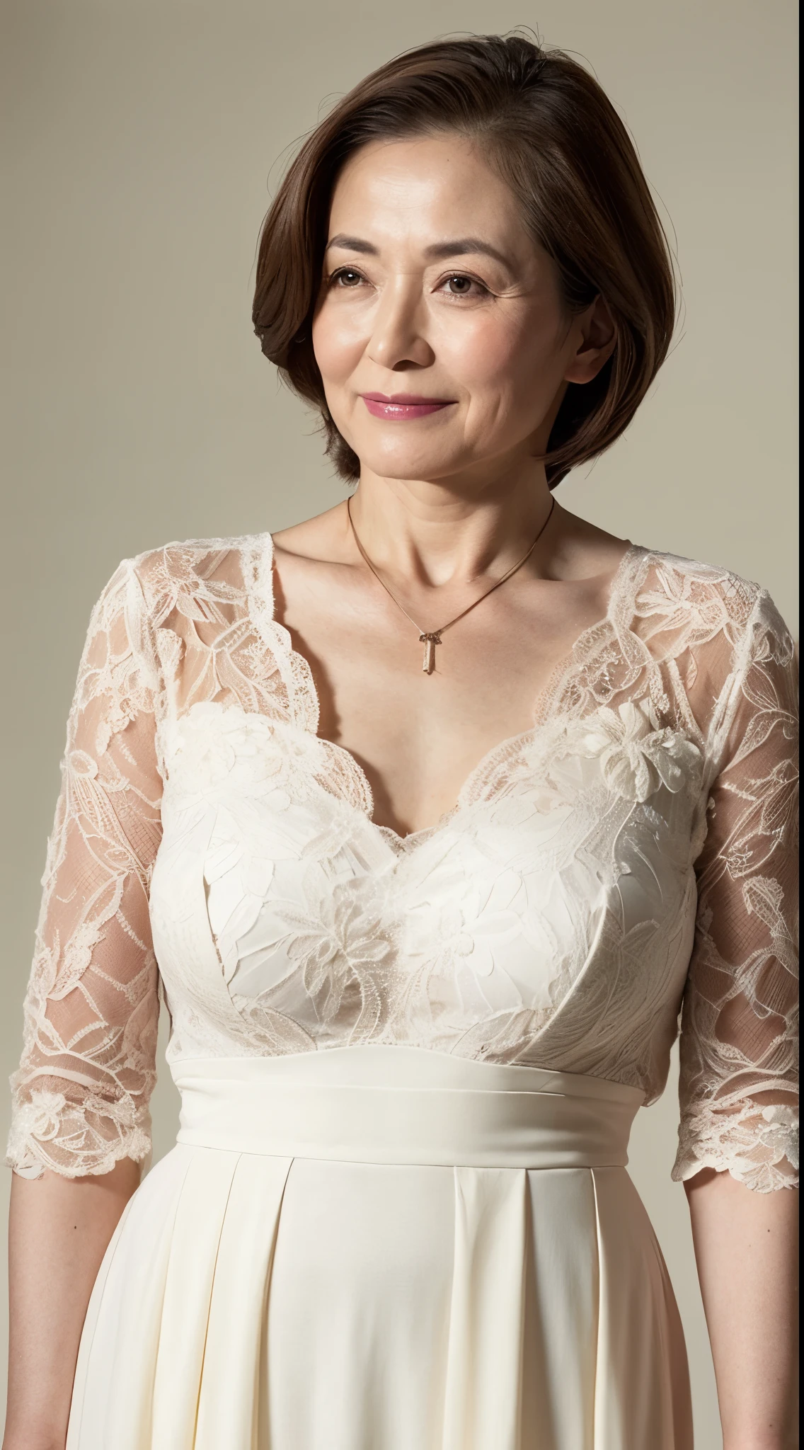 ((Best quality, 8K, Masterpiece, Portrait: 1.3)), (View viewers), Photorealism, Sharp focus, Solo, The Moro Islamic Liberation Front of Japan, Beauty,Wavy hair, Wrinkles at the corners of the eyes, to emphasize, ((Big breasts:1.3))),,30 years old, curlies, (Lace dress, standing on your feet:1.2)