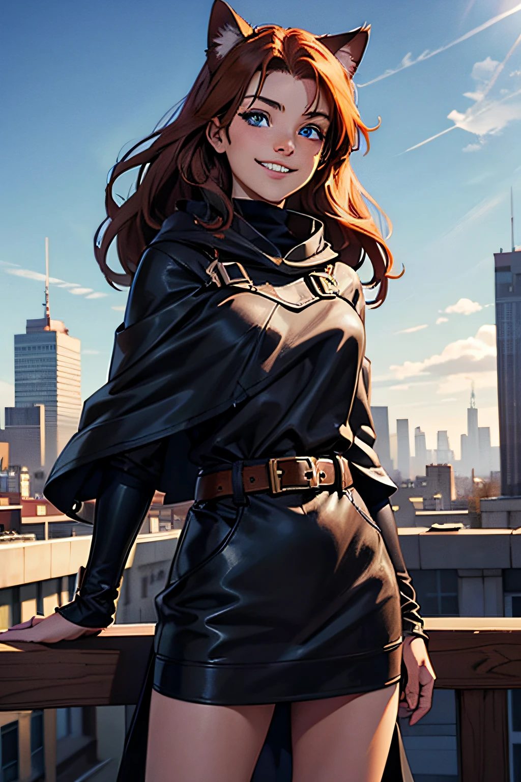1 cat girl, 14 years old, smiling, with long auburn hair with long black leather poncho, no belt, with goggles covering her blue eyes, on the top of a building, it's windy outside