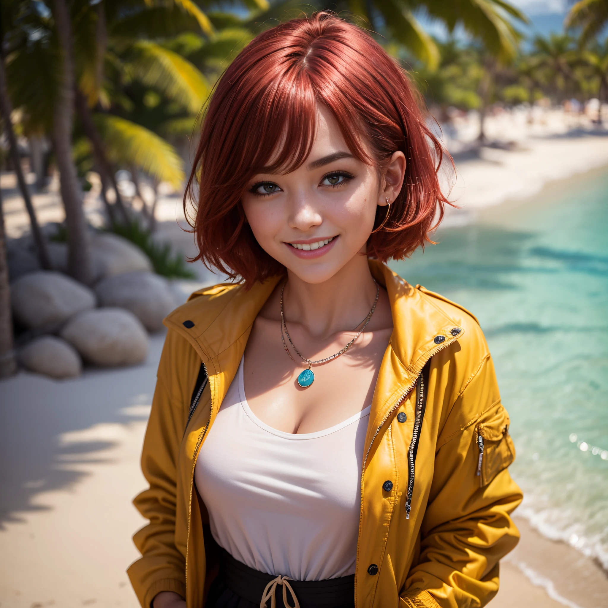 (Best quality, 8k, 32k, Masterpiece, UHD:1.2),Photo of Pretty woman, very short bob hair,upper body,face focus,oversized_shirt, necklace, background, from above, looking at viewer, dyed red hair, tropical beach, smile, jacket, tunic, sfw
