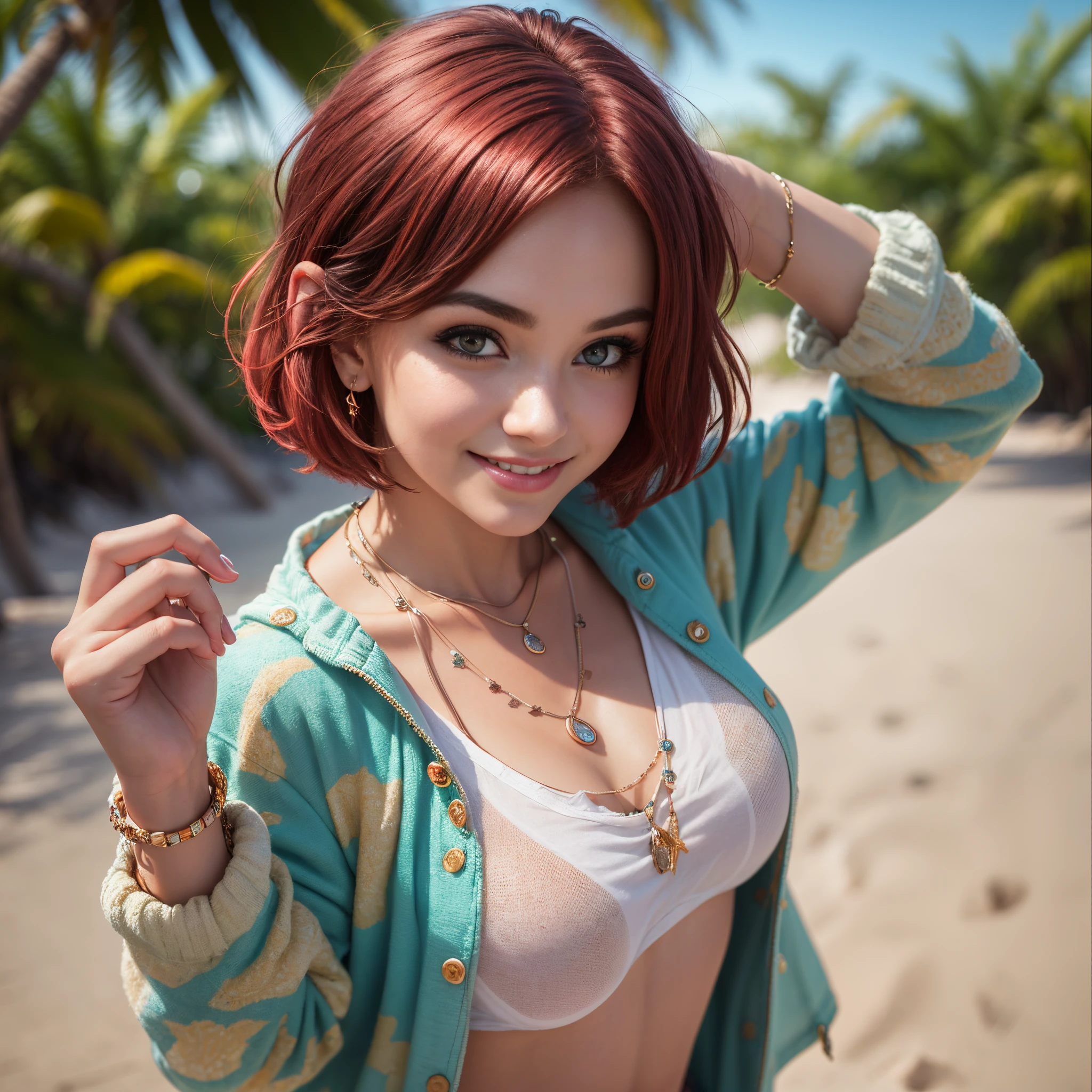 (Best quality, 8k, 32k, Masterpiece, UHD:1.2),Photo of Pretty woman, very short bob hair,upper body,face focus,oversized_shirt, necklace, background, from above, looking at viewer, dyed red hair, tropical beach, smile, jacket, tunic, sfw