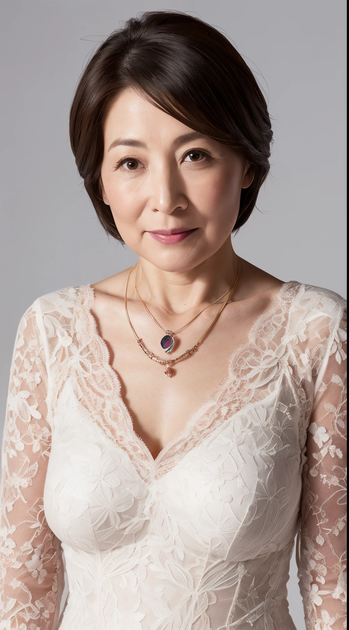 Delicate background, gravure, facing front, Wearing a necklace, Fancy makeup, from the chest up, masutepiece, Best Quality, Ultra-detailed, Photorealistic, super detailed skin, Perfect Anatomy, (1 japanese mature woman), (Solo), 95 years old, Large breasts, Mature Woman Politician, glamor, A sexy, Chromo-white skin, Looking at Viewer