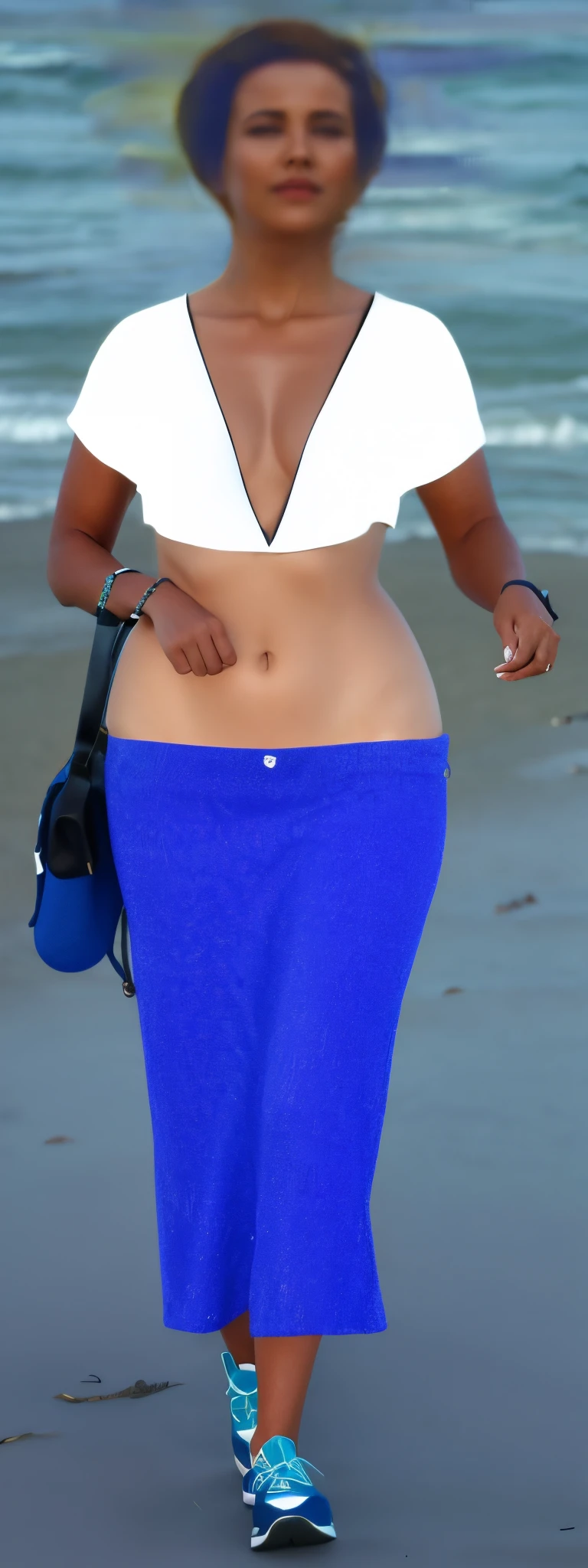 there  a woman walking on the beach with an umbrella, mermaid body, waist - shot, tinyest midriff ever, middle shot waist up, close up half body shot, hand on ????, visible belly, hand on hip, modeled in poser, mermaid in distance, zoomed out full body, exposed midriff, half body cropping, untextured