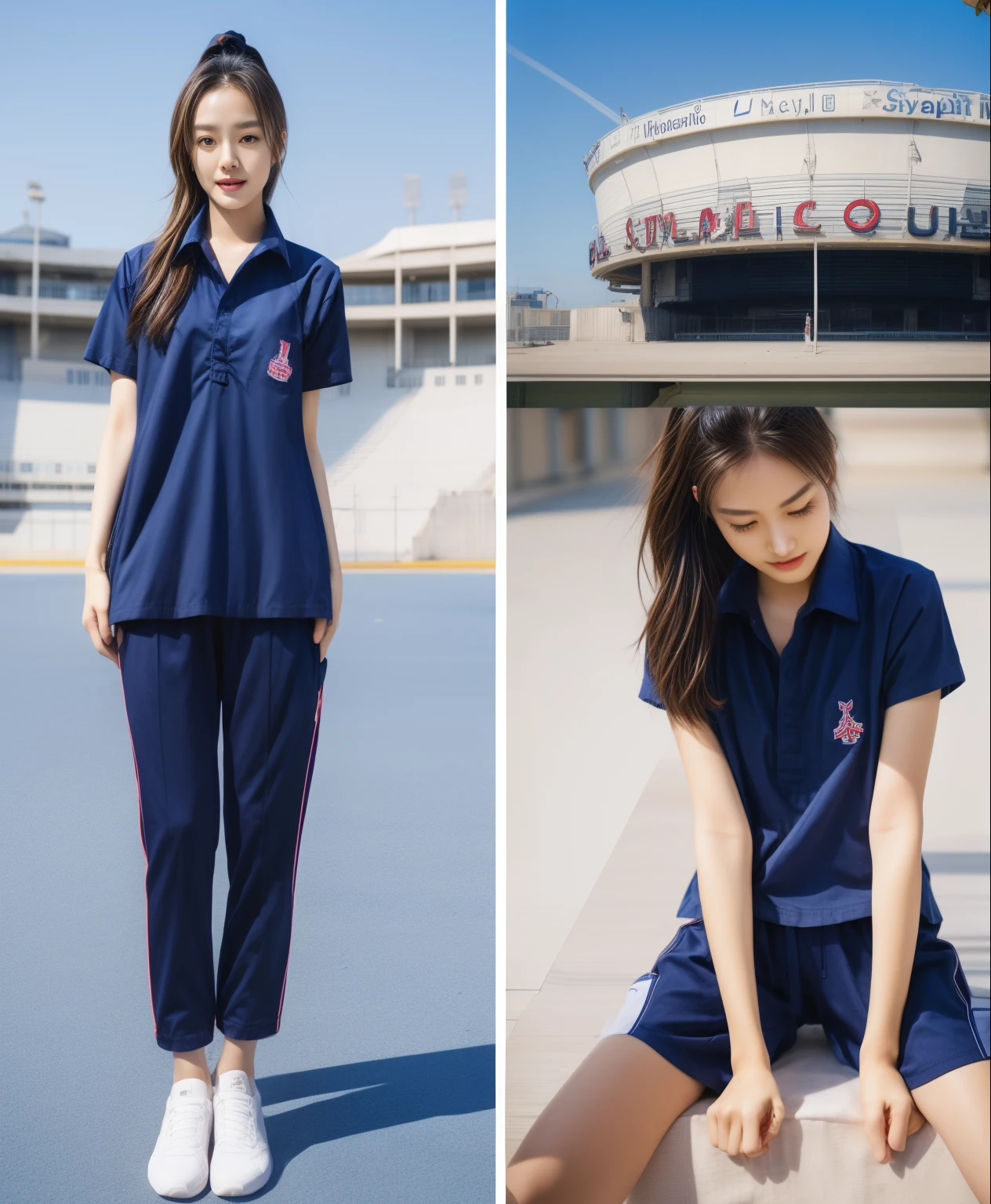 (bestquality,10,10,highres,masterpiece:1.2),ultra-detail,(Realistic,photorealistic portrait,photo-realistic:1.37),1 Cute girl in the football field,oily shiny skin,bara,light smile,BDclothelue shirt:1.3)),short sleeves,shirt, trousers.,(navy_long_Pants Track:1.1), ((Stadium Background:1.3)),dynamic angle,excited,face focus,Dynamic Poses,from behide,Ass Focus,masterpiece, bestquality, ultra realistic, hyper-detail, 8k resolution, RAW photo, crisp focus, ((Navy blue shirt:1.1)), short sleeves, Long Path, Perfect body, 2 mature women, 18yo, cinematic light,Blue sweatpants,Gymware,Correct anatomy,Complete body, Correct body, sharp face, Anatomically correct body, full entire body, Realistic gestures, long-haired, Realistic poses,Wear long shorts...............................,Long leg span,Shapely,Sculpting Girl, Slender Figure, mannequin mannequins, Shapely, Beautiful body,Blue sweatpants, Two girls kissing