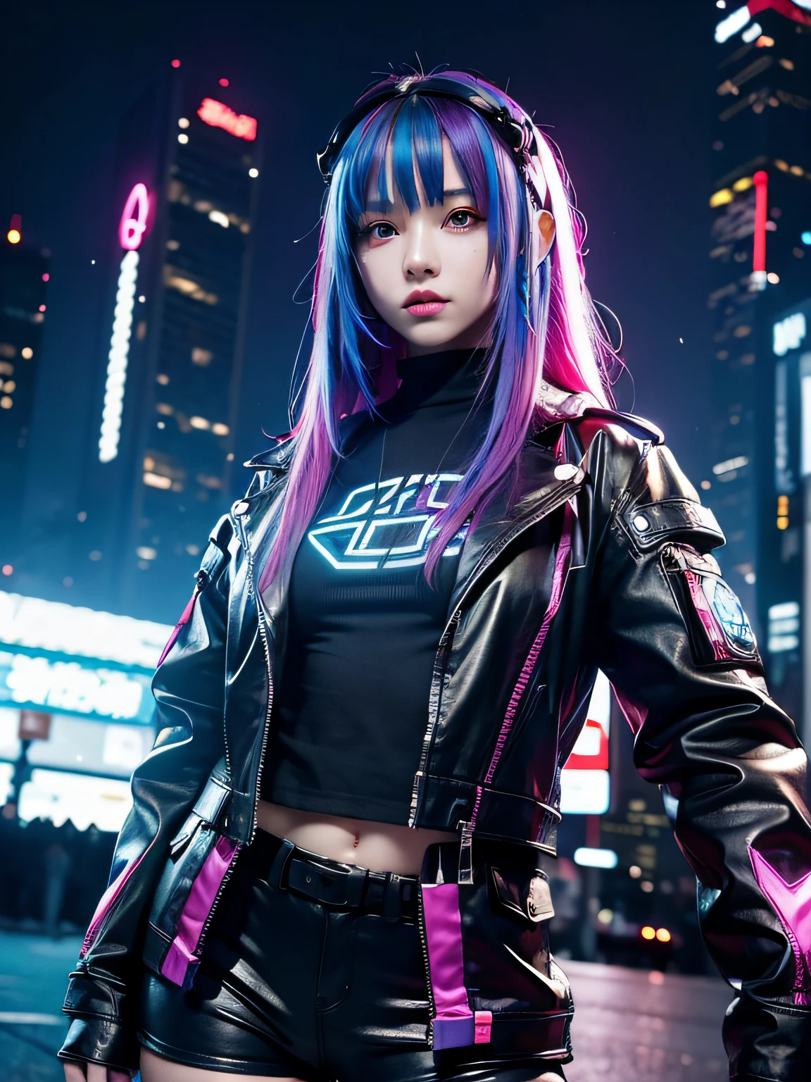 1 girl,Imagine a young girl in a cyberpunk atmosphere,she has impressively colored hair, For example、These include、Includes neon blue and dark red.,In her eyes, Add cybernetic touches and futuristic contact lenses to reflect your high-tech essence。,The clothes you wear should combine futuristic and cool style,In the background, Show me a city full of neon and holographic decorations, Produces a cyberpunk worldview with a unique atmosphere,Be sure to display high-tech elements such as flying drones, Flying Cars, or majestic skyscrapers,Let's give this girl a weapon of the future.,she is tough、、Show that you are a character with extraordinary skills in technology and combat. Moreover, Add cyberpunk accessories like holographic tattoos and futuristic jewelry、complete the look,