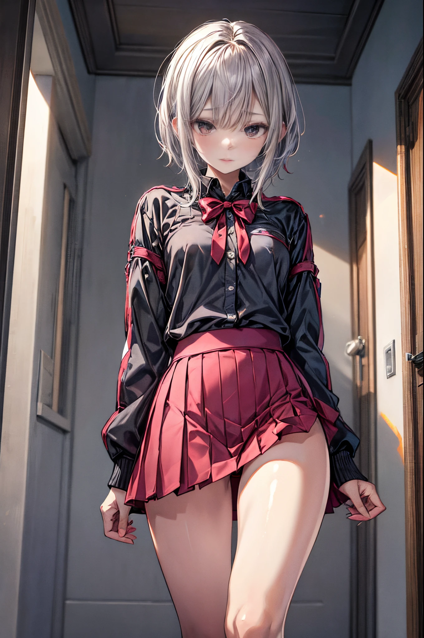 best god quality, Ultra-detailed, anime moe art style,Best Anime 8K Konachan Wallpapers,Pixiv Contest Winner,Perfect Anatomy, (Draw a girl sleepily walking to school. ),BREAK, 1girl  a cool beautiful girl, (Solo,Lori,,13yea:1.3),a junior gynous attraction, (Center part very short hair),hair messy, Forehead, Full limbs, complete fingers,flat chest, Small butt, groin, Small eyes,Beautiful detailed black eyes,well-proportioned student,disgusted eye, School uniform, Skirt,On the way to school. BREAK,High resolution,super detailed skin, Best lighting by professional AI, Illustration,