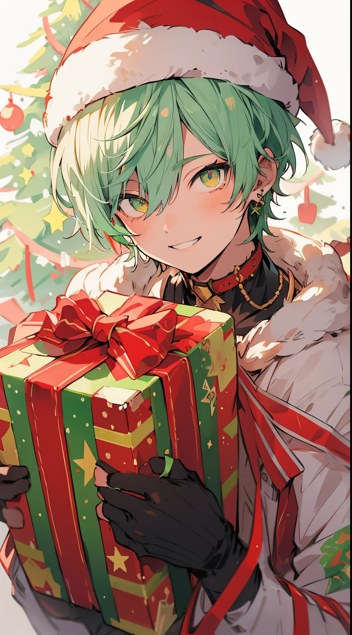 Japanese anime, Clear line drawing, transparent watercolor, clear shading, Handsome, Green hair like the Christmas tree, Sparkling red or golden eyes, Flamboyant red and green attire akin to Santa's vest or hat, Smiling while holding a gift, Gentle expression, Decorated outfit with ribbons like a Christmas tree, Snowy landscape with a sparkling tree, Character positioned by or in front of the tree, Angled perspective from above, Glowing stars and twinkling snowflakes in the background,high quality, amount of drawing, pixiv illustration