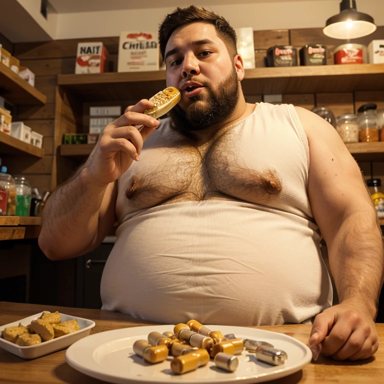 Fat hairy man with big lips eating pills and chicken