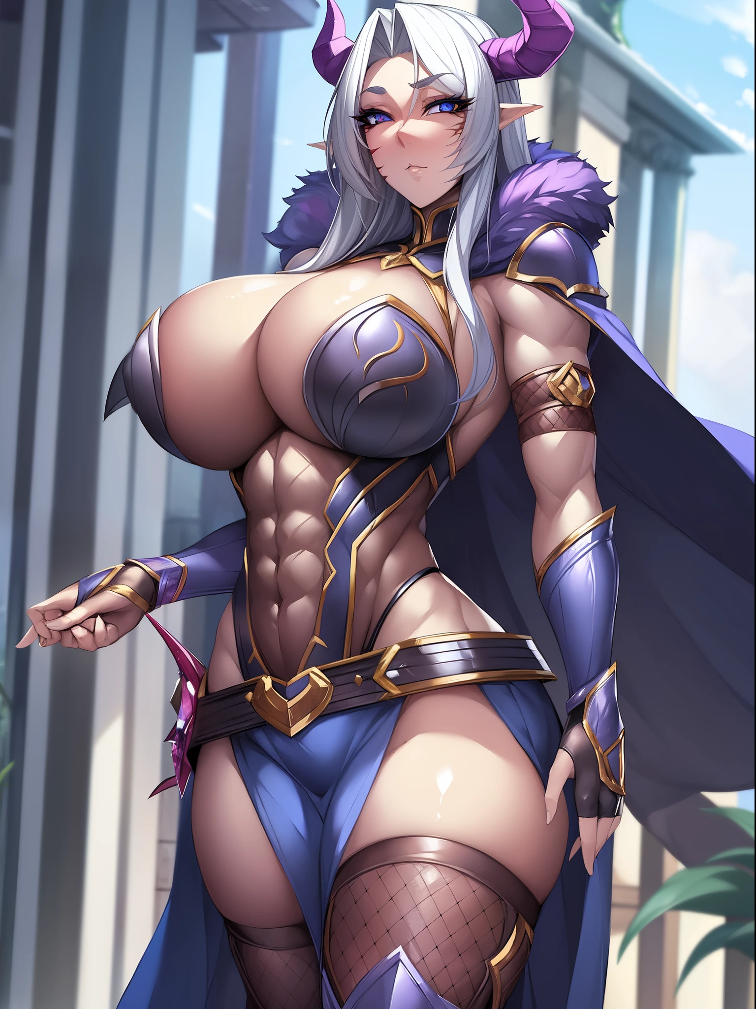 (masterpiece:1.2), (best quality:1.2), perfect eyes, perfect face, perfect lighting, 1girl, mature female, draenei, tail, muscular, abs, scars, markings, horns, armor, fur, pauldrons, fingerless gauntlets, belt, straps, skindentation, cloak, detailed outdoor background, massive breasts, makeup, eyeshadow, thick eyelashes, fantasy
