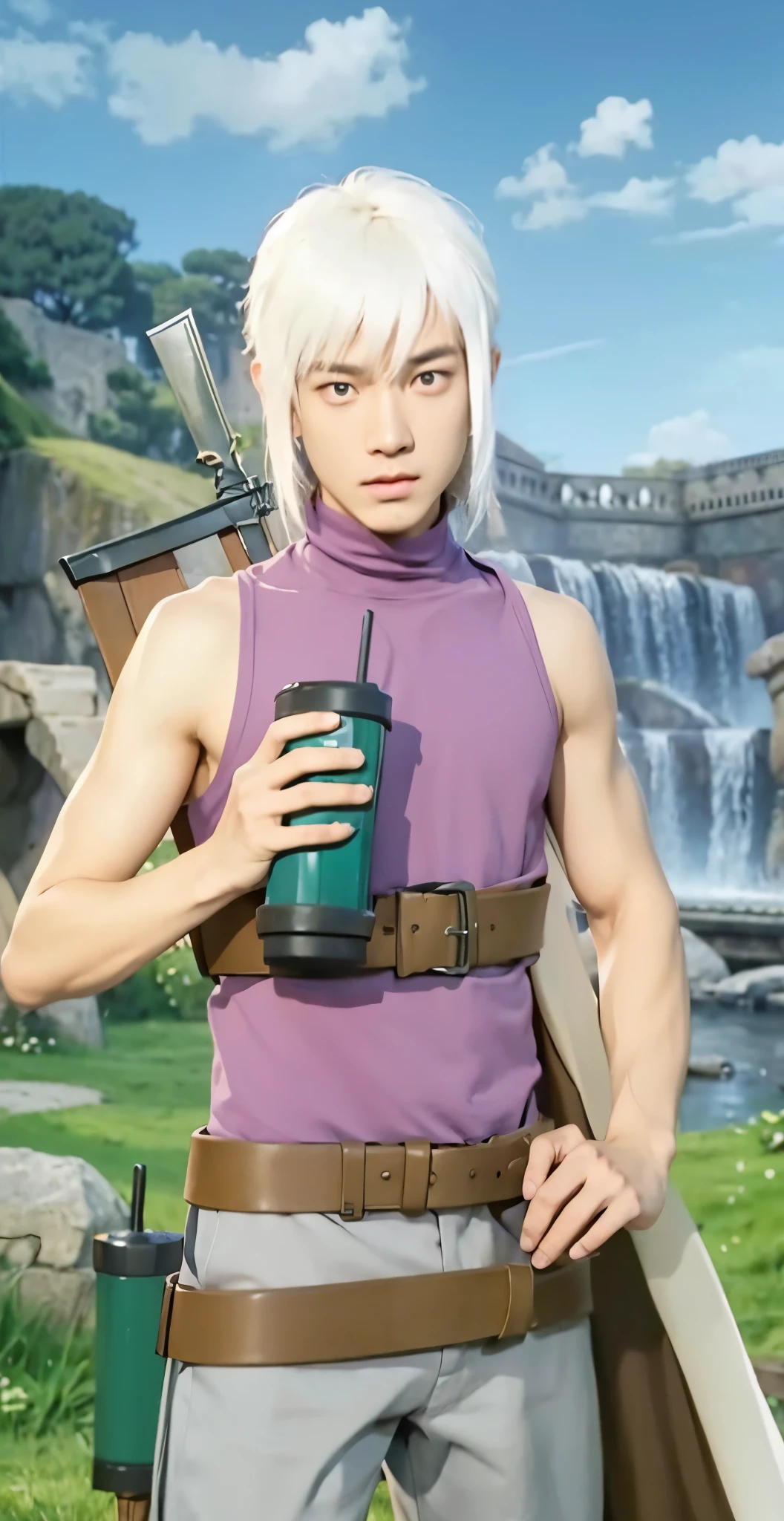 Real life adaption of this character , handsome face, same hair, there a big sword on the back,(realistic same outfit),realistic scenery background , realistic light, realistic shadow, realism, hyper realistic,(photorealistic:1.2), normal small eyes