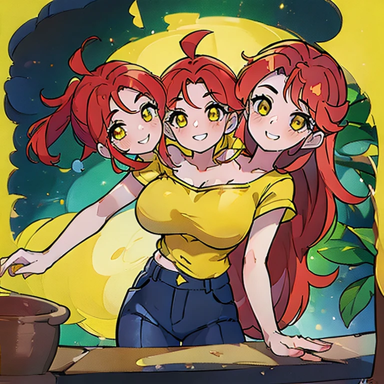 (masterpiece, best quality:1.24), best resolution, (2heads:1.5), 1girl, red hair, blue hair, yellow eyes, carefree, smiling, Yellow t-shirt, black pants