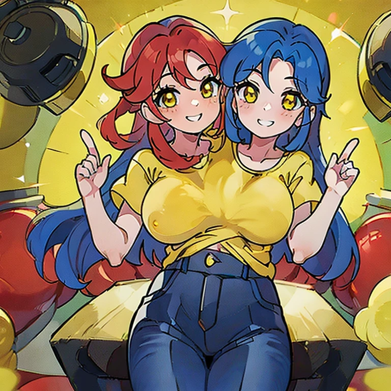 (masterpiece, best quality:1.24), best resolution, (2heads:1.5), 1girl, red hair, blue hair, yellow eyes, carefree, smiling, Yellow t-shirt, black pants