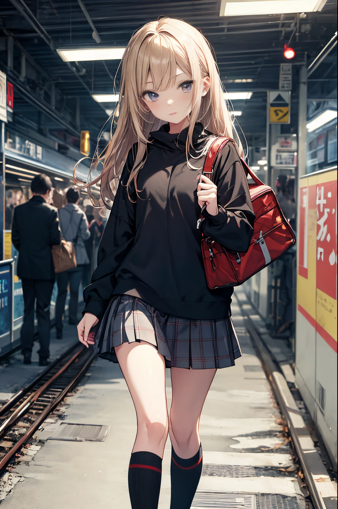best god quality, ultra - detailed, Anime cute art style,best anime 8k konachan wallpapers,Pixiv Contest Winner,perfect anatomia, (Draw a girl walking sleepily to school. ),BREAK BREAK BREAK, 1girl a cool and beautiful girl, (own,Show on the,Gamine,13years:1.3),A , androgynous attraction, Long hair, forehead, Limbs intact, Complete fingers,flatchest, small, groin, petty eyes,Beautiful and delicate dark eyes,well-proportioned students,Disgusted eyes, 校服, short skirt,railway station,train,,A high resolution,Ultra-delicate skin, Professional AI creates the best lighting, illustratio,