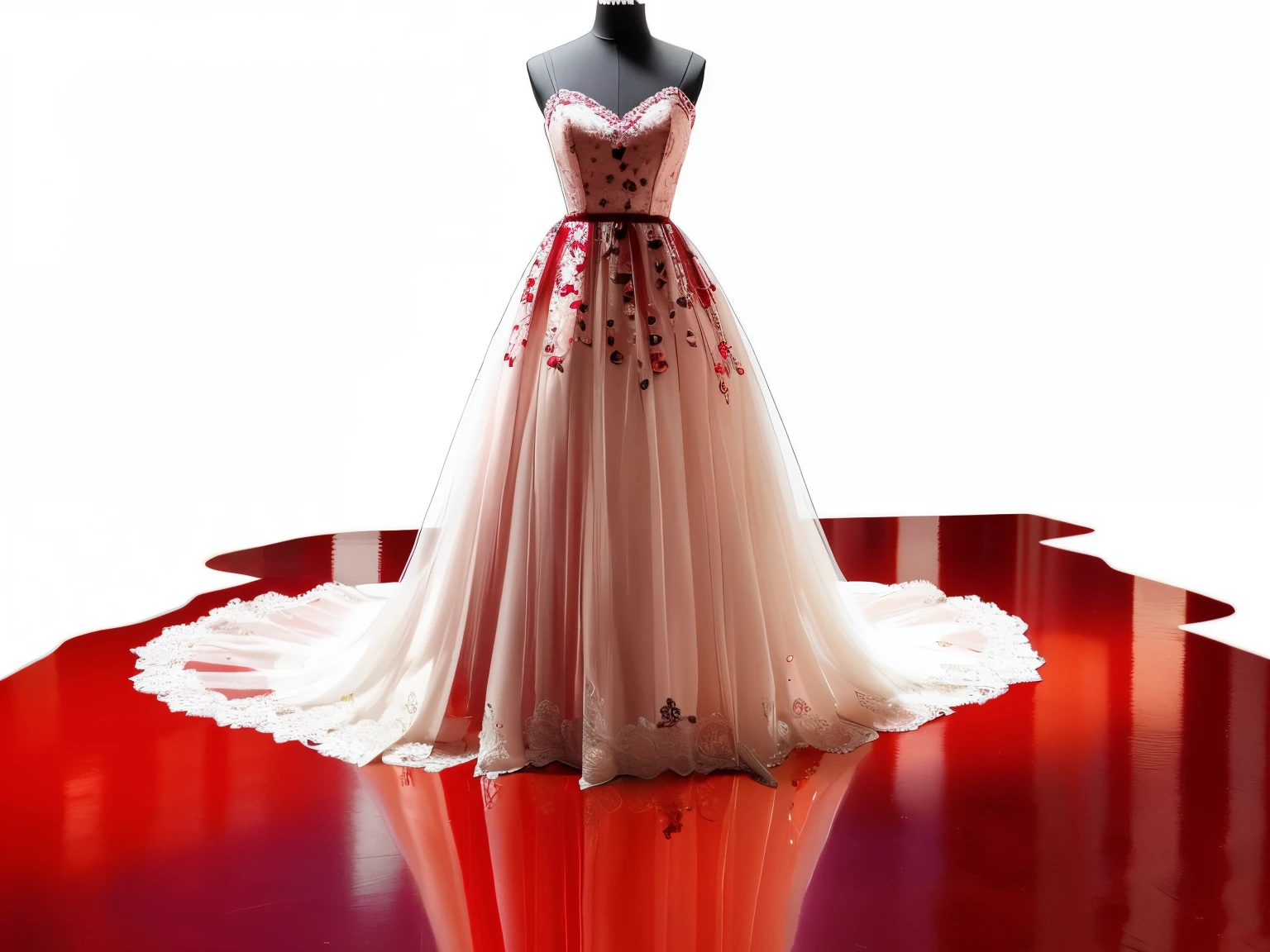 vestido arafado em um manequim,o fundo da imagem de uma loja de vestido de noivas, vestidos brancos de noiva, vestido de noiva, o fundo da imagem de uma loja de vestido de noivas, melado de sangue  pose 1 de 1 6, the floor full of blood,  360*, bonito!, vestido vestido bonito vestido melhado de sangue,. estilo filme de terror. o fundo da imagem de uma loja de vestido de noivas