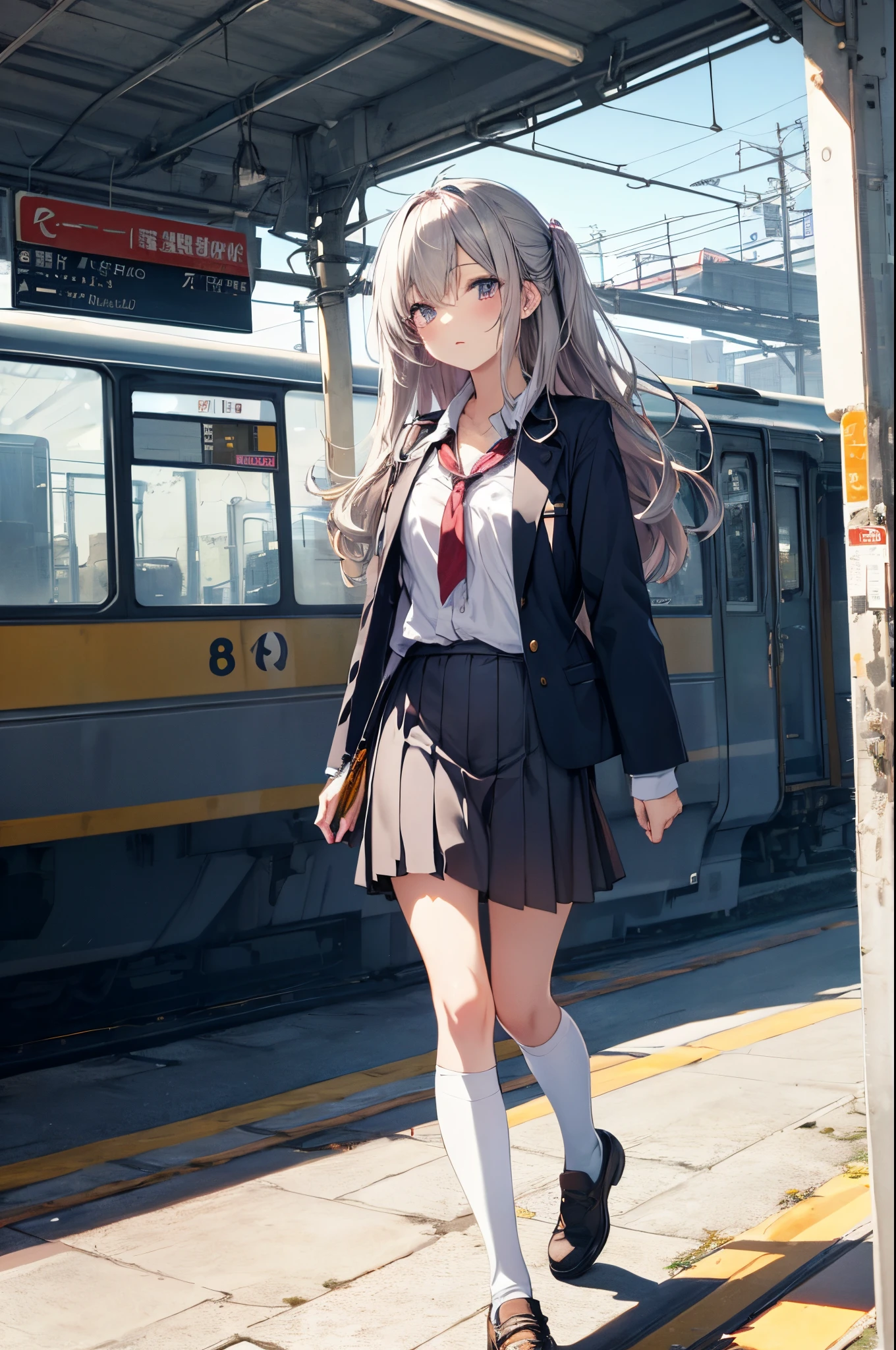 best god quality, ultra - detailed, Anime cute art style,best anime 8k konachan wallpapers,Pixiv Contest Winner,perfect anatomia, (Draw a girl walking sleepily to school. ),BREAK BREAK BREAK, 1girl a cool and beautiful girl, (own,Show on the,Gamine,13years:1.3),A junior high school student, androgynous attraction, Long hair, forehead, Limbs intact, Complete fingers,flatchest, small, groin, petty eyes,Beautiful and delicate dark eyes,well-proportioned students,Disgusted eyes, 校服, short skirt,railway station,train,,A high resolution,Ultra-delicate skin, Professional AI creates the best lighting, illustratio,