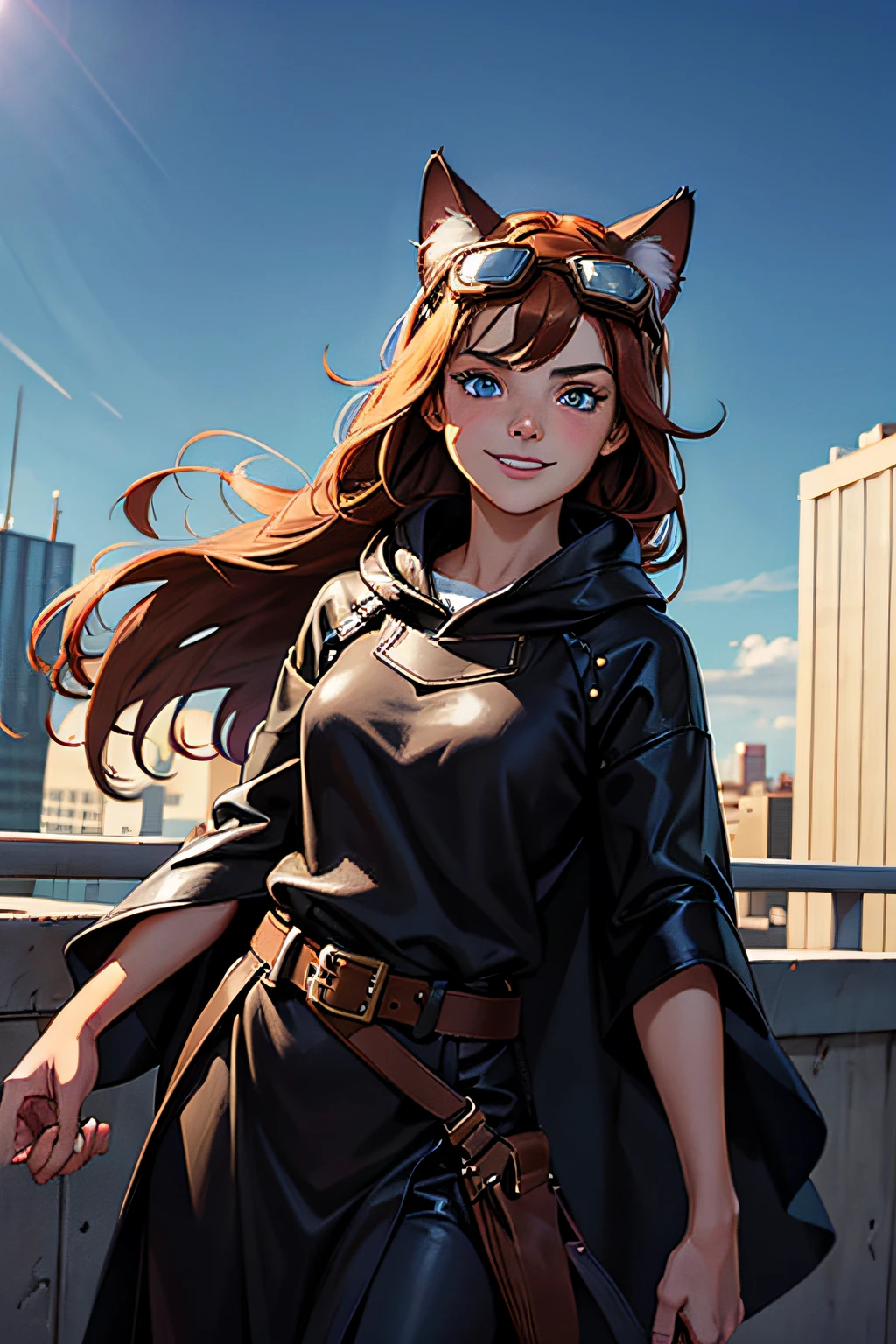 1 cat girl, , smiling, with long auburn hair with long black leather poncho, no belt, blue eyes, with goggles on her head, on the top of a building, it's windy outside