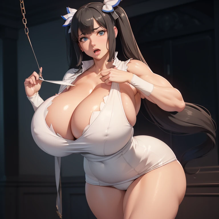 Hestia,tmasterpiece,Stand up，Hands were hoisted，Huge stacked ，The kinky  ed ，（Surreal breasttremel breasts）），（（Super ，Big breasts Thin waist，（（large breasts））），worried expression，seduct detail，hyper qualit，high resolution，8K，8k smooth，(reality: 1.2)，(Highly realistic, Ultra-realistic, photograph realistic)，(Realism: 1.2)，Mature woman，Solo，(Perfect feminine curveigts:2)，(Huge breasts:2)，(gigantic cleavage br)，(Large breasts:e tits:1.4)，(chiseled.1)，Nice legs，(Curvy:1.1)，Naist，(gigantic hi，(Thick thighs:1)，(Thick legs:1)，(Bodybuilding girl:1)，Muscular，(body builder:1.5)