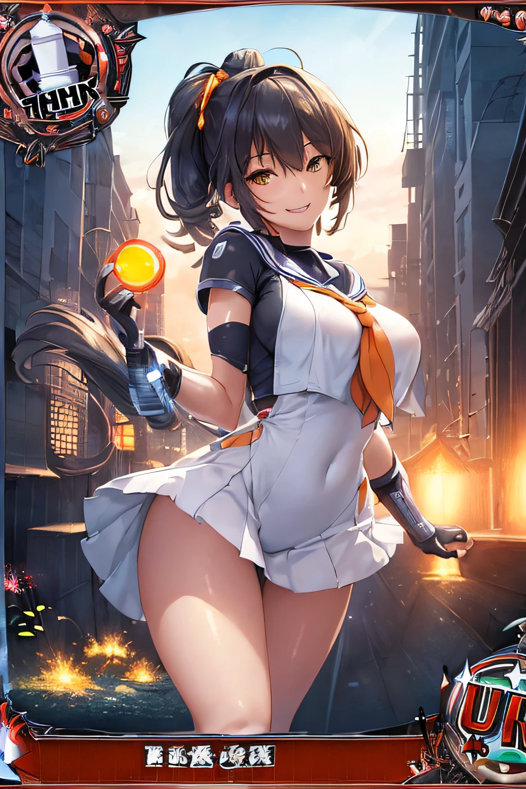 (Trading Card Game Frames:1.7),Cybernetic arm and glowing cyber girl,(Women's Uniforms,a sailor suit,White skirt,)Stand on a post-apocalyptic battlefield cityscape.Surrounded by a network of wires. Surrounded by a web of circuits. (Cyber Girl with Orange Glowing Sword:1.3), Shiny Silver Shorthair,disheveled ponytail,Cute smile,Perfect round face,Black eyes,A cheerful smile that makes the viewer happy,Proper body proportion,Intricate details,Very delicate and beautiful hair,photos realistic,Dreamy,Professional Lighting,realistic shadow,Solo Focus,Beautiful hands,Beautiful fingers,Detailed finger features,detailed clothes features,Detailed hair features,detailed facial features,top-quality,Ultra-high resolution output image,) ,(The 8k quality,),(Image Mode Ultra HD,),(Image Mode Ultra HD,),Science fiction fantasy