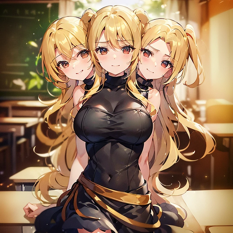 (highest quality, amazing details: 1.25), (3heads:1.5), 1girl, smug, blonde hair, brown hair, black hair,casual wear, turtleneck, medium breasts, strong and confident expressions, classroom,