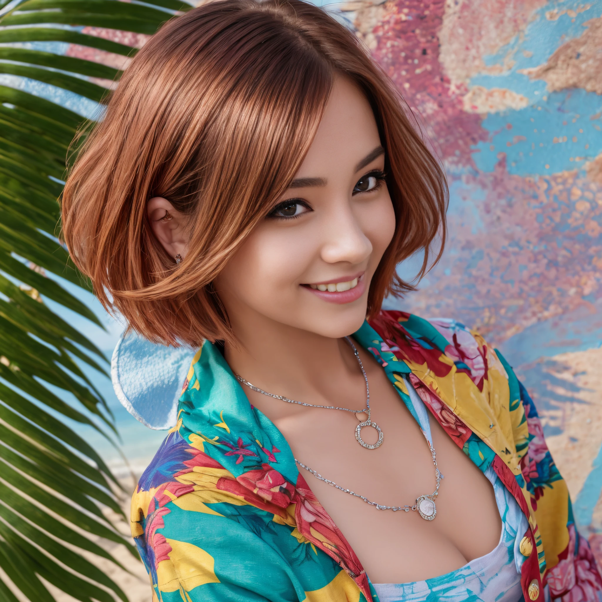 (Best quality, 8k, 32k, Masterpiece, UHD:1.2),Photo of Pretty woman, very short bob hair,upper body,face focus,oversized_shirt, necklace, background, from above, looking at viewer, dyed red hair, tropical beach, smile, jacket, tunic