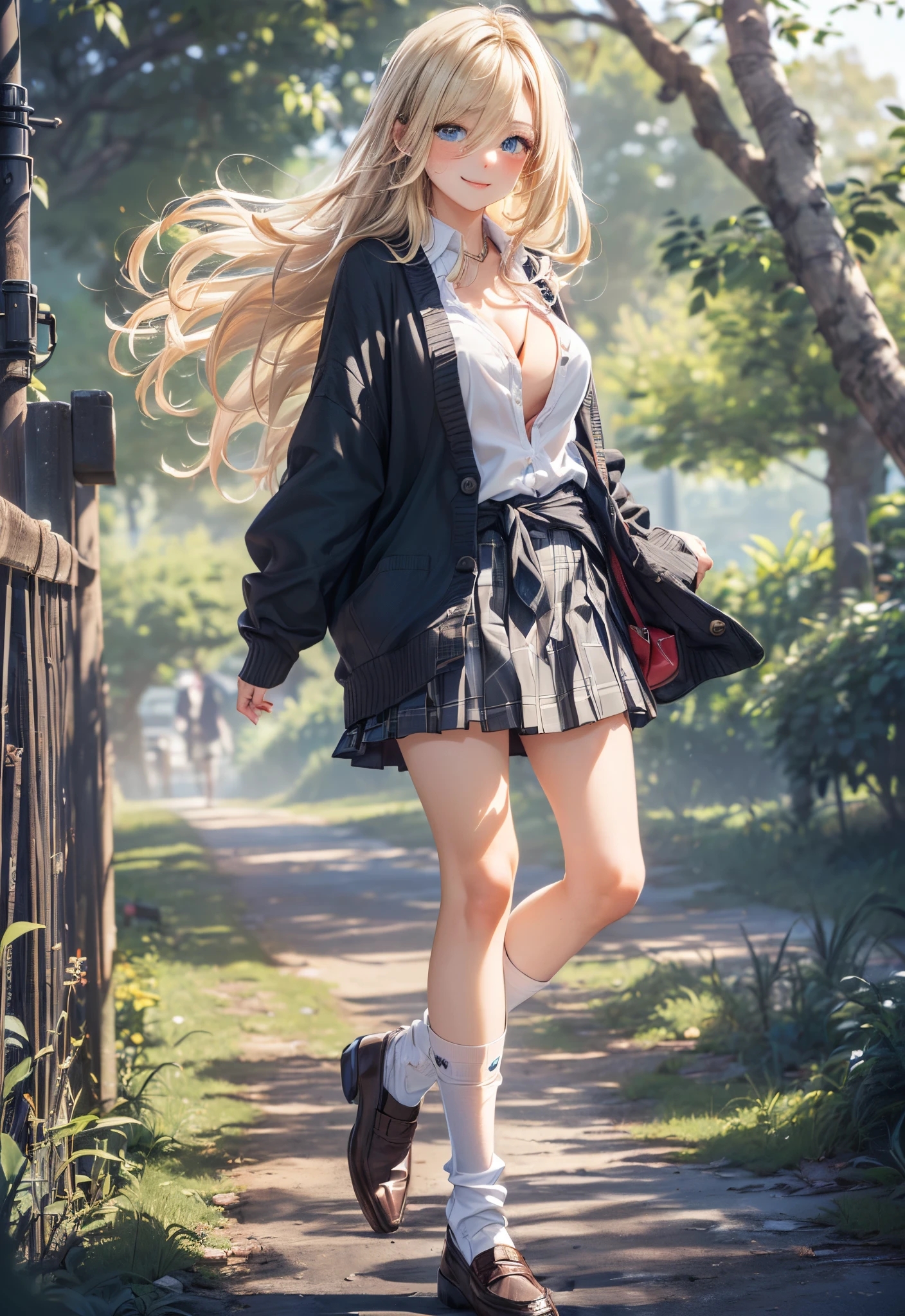 absurderes, ultra-detailliert,(in 8K:1.3),masuter piece,extremely beautiful detailed face and eyes, (Close one eye and smile:1.4),(School Uniforms:1.2), (gals:1.3), (White shirt:1.3), (Wrap a beige cardigan around your waist:1.3), ((cleavage, Unbuttoned):1.2),medium breasts,(Plaid pleated skirt:1.2), (Necklace,Colorful bracelets,(Loose white socks:1.4),(A bracelet:1.2),(standing on a country road:1.2),(countryside view:1.3)Skysky,(Smooth straight blonde hair:1.3), (Hair parted in the middle:1.3),(Shiny hair:1.2), Delicate beautiful face, (red blush:1.2)、(Deep Blue Eyes:1.3),(Black loafers:1.3),(Full body:1.3)