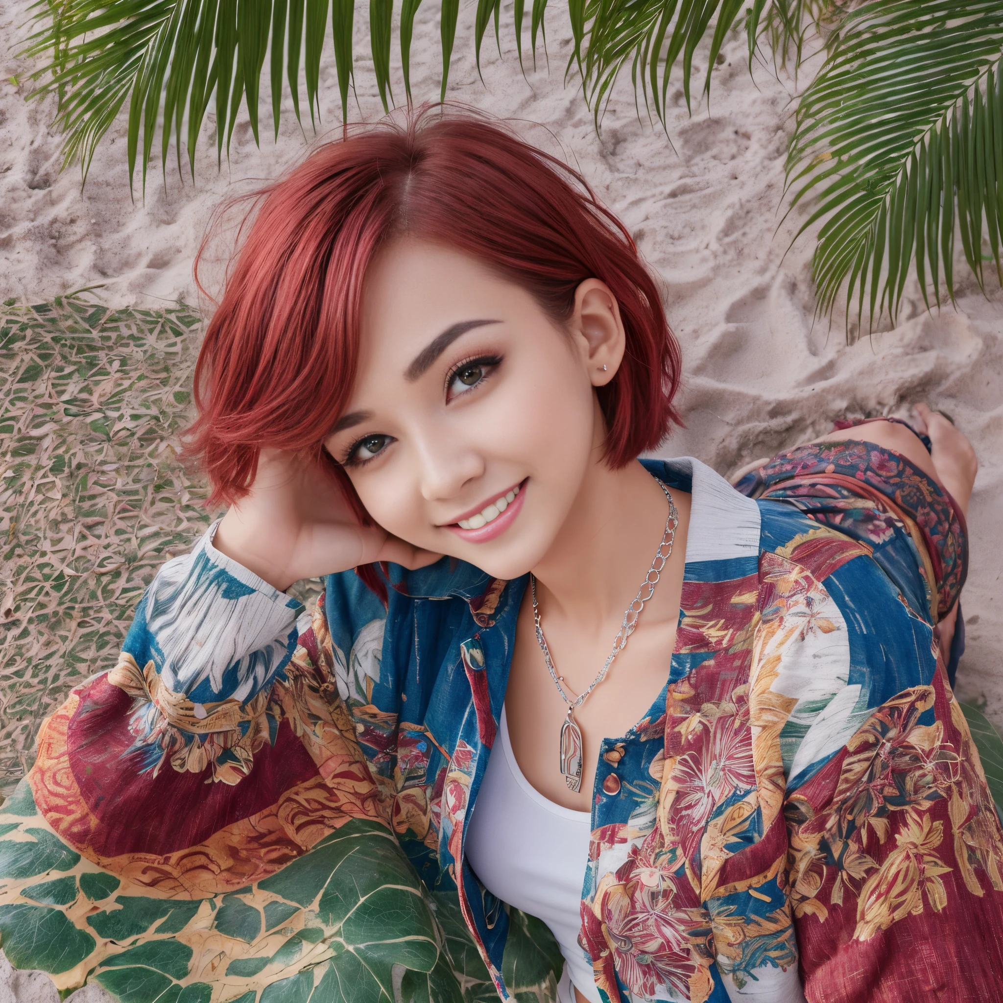 (Best quality, 8k, 32k, Masterpiece, UHD:1.2),Photo of Pretty woman, very short bob hair,upper body,face focus,oversized_shirt, necklace, background, from above, looking at viewer, dyed red hair, tropical beach, smile, jacket, tunic
