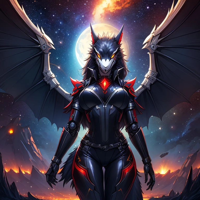 Masterpiece, High quality, High quality of art, best quality, best details, anime artstyle, 2d lineart, anime 2d lineart, ultra detailed, Furry, female, protogen, dragon, Reptilian skin, pebbles and crystals on the skin, gradient from purple to blue green eyes, The wings of a black hole, large breast, naked, nsfw, In cosmos, A lot of honey on the chest, fluffy hair, stone skin, lava and space around