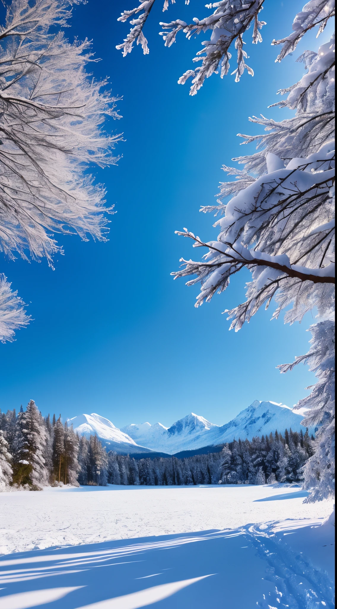 (best quality,highres:1.2),ultra-detailed, snowy winter scene, snow-covered branches, warm sunlight, beautiful landscape, Helan Mountain in the background, detailed snowflakes, shimmering icicles, cozy winter atmosphere, serene nature, peaceful silence, soft snowflakes falling, sparkling snow-covered ground, crisp winter air, tranquil beauty, stunning winter wonderland, vibrant blue sky, magical winter scene, breathtaking scenery