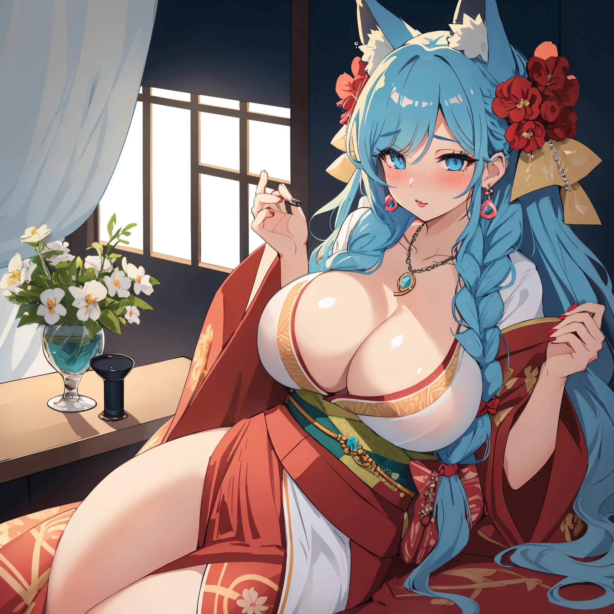 masterpiece, best quality, 1girl, solo, long hair, light blue hair, braid, curly hair, milf, huge boobs, mommy, thick, succubus, expressive eyes, lipstick, earrings, necklace, big eyelashes, blush, seductive, beautiful, cute, adorable, fox ears, sexy, kimono