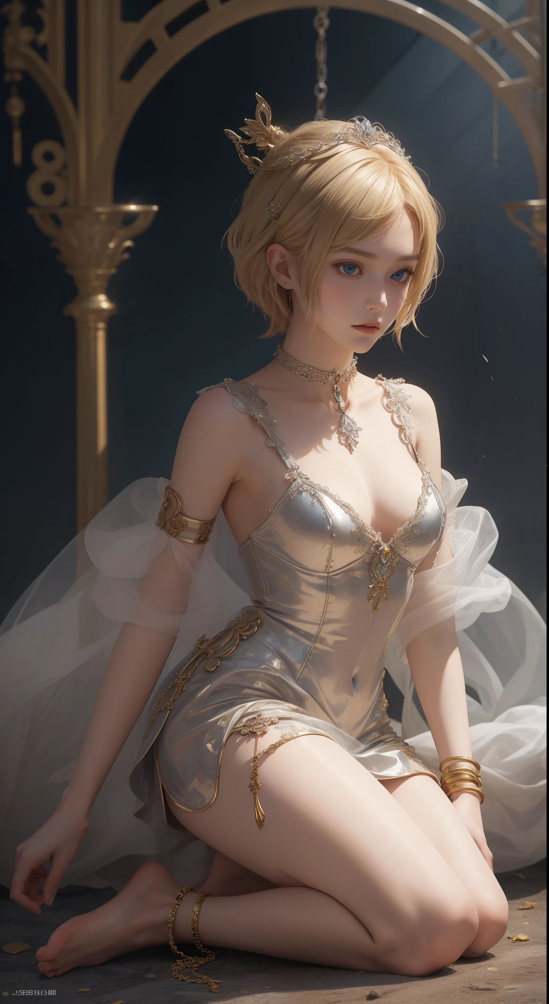 tmasterpiece,Highest image quality,Beautiful full body kneeling statue,Delicate blonde with short hair,Clear eyes,Decorated with a series of metal chokers,iron collar,imprisonment,Barefoot,Anklets,,Ultra-detailed details,advanced。At the Pixiv Art Station,Break your own power,lucky,violence,R-18G