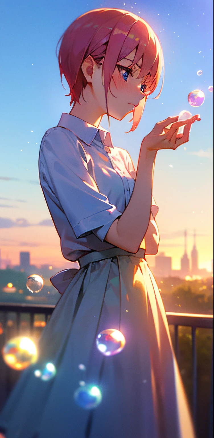 Wallpaper inspired by Your Name movie by Makoto shinkai. Starry sky, masterpiece, perfect anatomy, romantic, Kimi no na wa, extremely detailed faces. Cute faces, perfect faces, masterpiece, 4k, Cute as a dream、a pale, (masterpiece、top-quality、top-quality、Soap bubbles、Ultra Detail, Movie, Hyper Realism, Soft Light, Deep Focus Bokeh, Ray Tracing, --niji 5. crystal, fantasy, galaxy, transparent, shimmering, sparkling, splendid, colorful, magical photography, dramatic lighting, Ichika Nakano, short pink hair, blue eyes, nakano_ichika, photography pose, cowboy shot, close shot, collared white shirt slightly umbuttoned, iridescent, cute, crystal, love, blushing, sweet expression, splendid delicate dress, blue sky, iridescent clouds, pastels, dark starry sky,