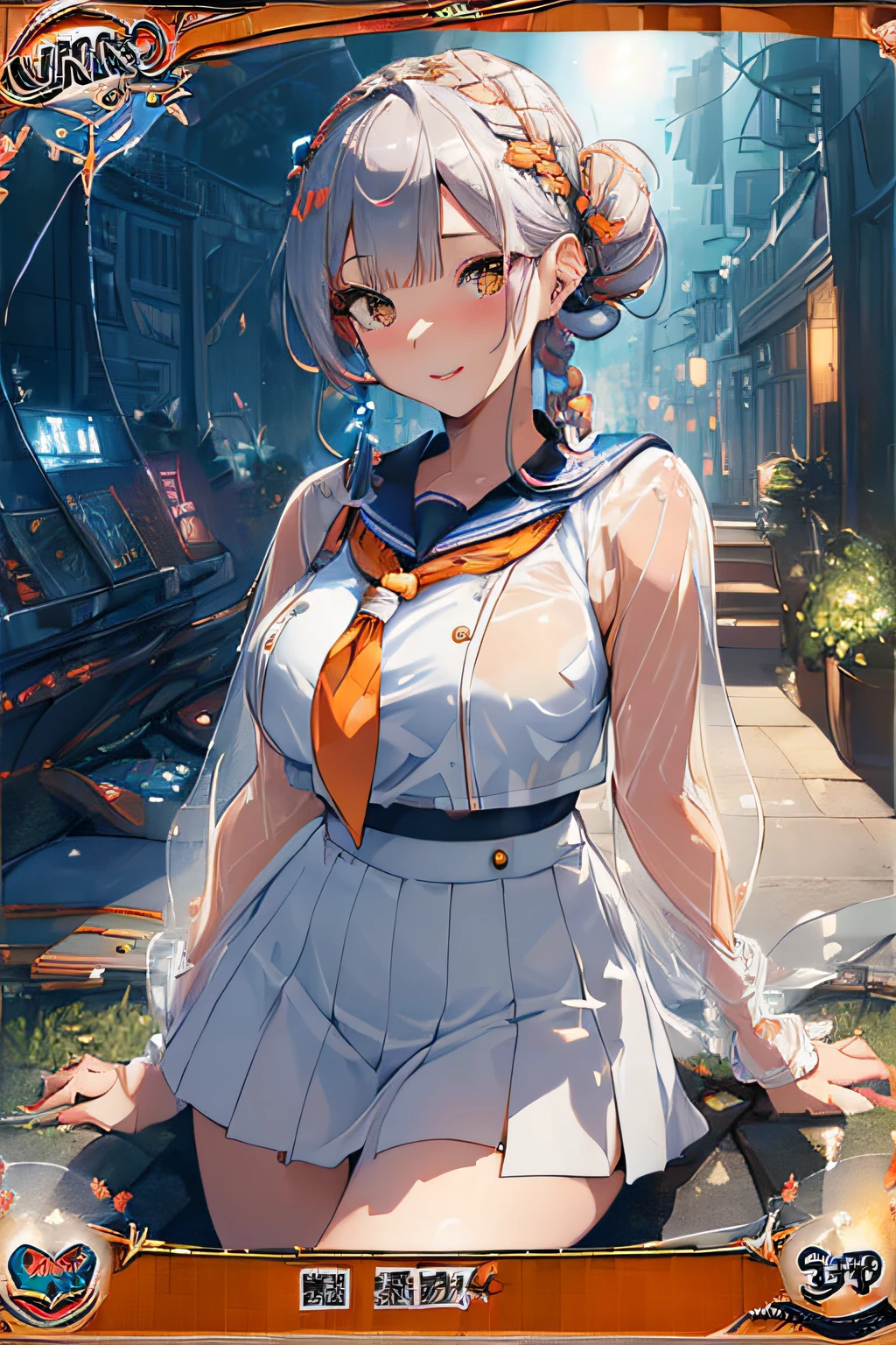 ( Trading Card Game Frames:1.7),(3D anime fantasy art:1.3),Cybernetic arm and glowing cyber girl,(Women's Uniforms,a sailor suit,White skirt,)Stand on a post-apocalyptic battlefield cityscape.Surrounded by a network of wires. Surrounded by a web of circuits. (Cyber Girl with Orange Glowing Sword:1.3), Cute and beautiful girl,Cute round face,Cute smile,with blush cheeks,Red Lip,(Shiny Silver Shorthair,Floral braided headband,half up、Floral Braided Space Van,Voluminous Fishtail Braids,Twisted chignon,),(Bangs are see-through bangs),hair pin,hair adornments,detailed clothes features,Detailed hair features,detailed facial features,(Dynamic angles),(Dynamic and sexy poses),Cinematic Light,(masutepiece,top-quality,Ultra-high resolution output image,depth of fields,intricate detailes,Make the subject look three-dimensional with the contrast of light and shadow,) ,(The 8k quality,Anatomically accurate facial structure,),(Sea Art 2 Mode:1.3),(Image Mode Ultra HD,)