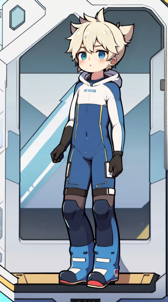 shota，White one-piece ski suit，long slim figure，Protective gloves without goggles，Stood up，whitestocking