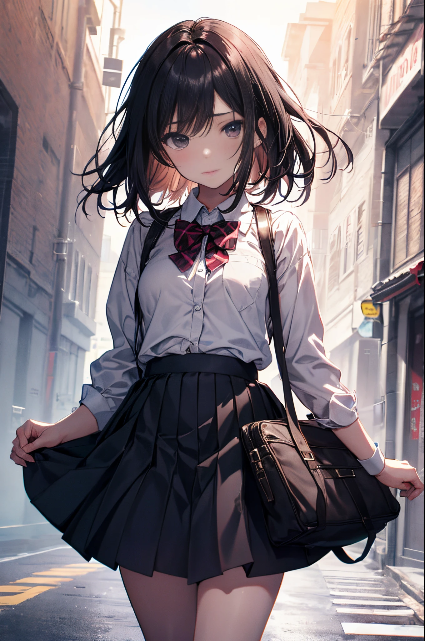 best god quality, Ultra-detailed, anime moe art style,Best Anime 8K Konachan Wallpapers,Pixiv Contest Winner,Perfect Anatomy, (Draw a girl sleepily walking to school. ),BREAK, 1girl a cool beautiful girl, (Solo,Lori,child,13years:1.3),a junior high school student, Androgynous attraction, (Center part very short hair),hair messy, Forehead, Full limbs, complete fingers,flat chest, Small butt, groin, Small eyes,Beautiful detailed black eyes,well-proportioned student,disgusted eye, School uniform, Skirt,On the way to school. BREAK,High resolution,super detailed skin, Best lighting by professional AI, Illustration,