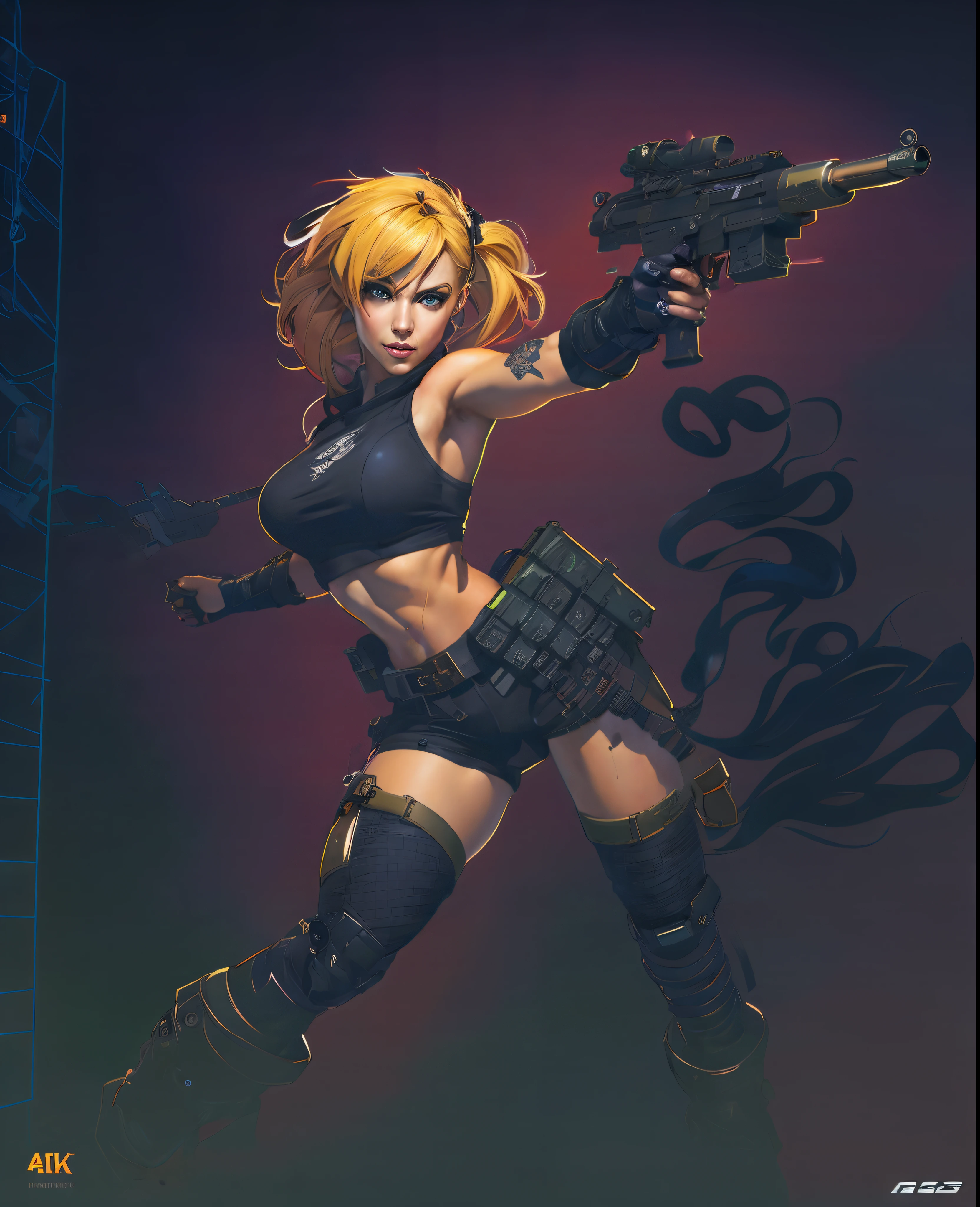 Beautiful quirky blonde Tank gal, a cigarello, wearing a pony tail hair style, tatoos, band aides, apocolymptic battle zone, comic art 8k resolution,ARTSTYLE_AlexRoss_ComicArt_ownwaifu,gun, face and goggles, artwork in the style of guweiz, guweiz, tank gal, artgerm craig mullins, greg tocchini, inspired by Jules Chéret, lois van baarle and rossdraws, lois van rossdraws, ross tran!!!, wojtek fus