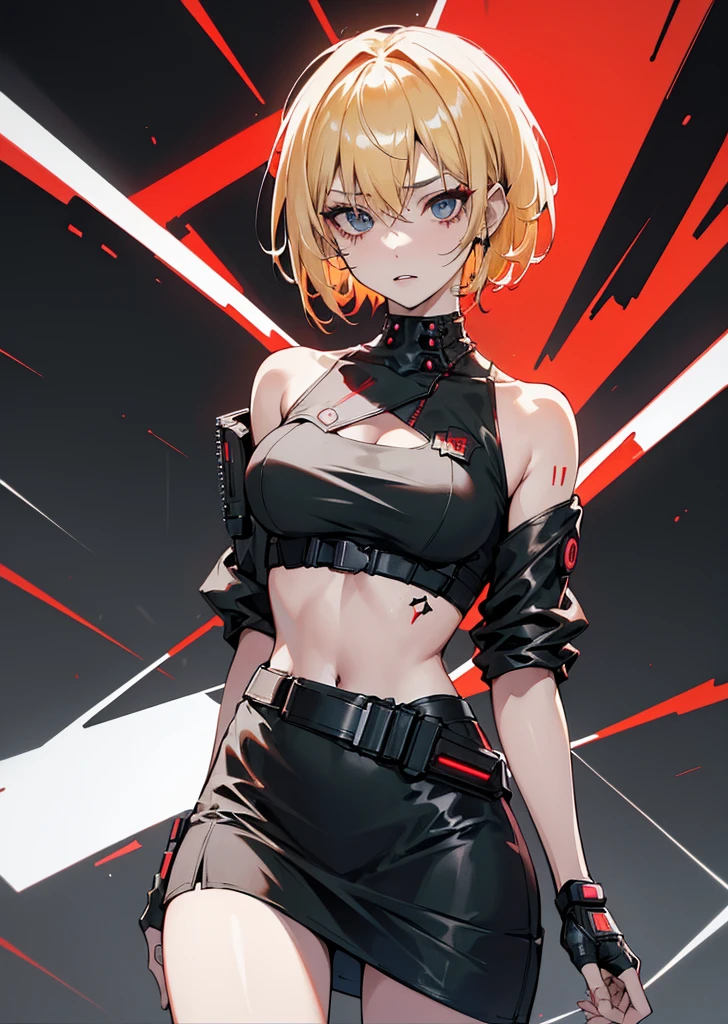 (Psychopath:1.2,Cyberpunk:1.2), full portrait, 4k resolution, dark background, front view, (woman:1.2), (short hair:1.2), (blonde hair:1.1|hair dyed red), (croptop black dress:1.15)