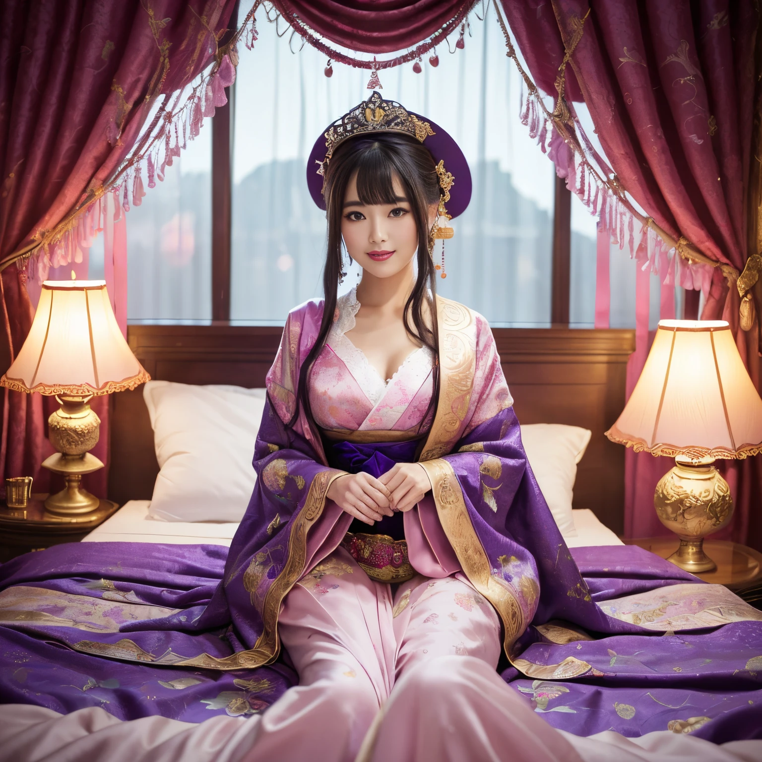 (top-quality、masutepiece、8K、Top image quality、Highly complex and detailed depictions)、a prostitute goddess、The ultimate luxury with everything you can imagine、(The most gorgeous pink and purple giant Chinese furisode:1.2)、(The most gorgeous and huge goddess long-sleeved kimono:1.1)、cleavage of the breast、(Surrounded by pink and purple curtains:1.3)、(The most luxurious and elaborately decorated curtains:1.2)、(The most detailed and complex texture:1.1)、Sitting on a big bed、(bed completely surrounded by curtains:1.3)、(Blurry distant view:1.3)、(Very romantic atmosphere:1.3)、(smile looking at me:1.2)、(Upper body photo:1.1)、Sit on the most gorgeous bed、artistic décor、(Strong moody lighting in one lamp:1.5)、(Light source is only one lamp:1.5)、Large amount of jewelry decoration、The most luxurious and huge tiara、Huge pink and purple furisode、Very complex decoration、royal、(accurate anatomy:1.2)、(Accurate and perfect sitting position:1.1)、big and nice bed、Frontal close-up、(Symmetrical composition:1.4)、(Sit facing the front:1.3)、(Front composition:1.4)、(Highly saturated:1.2)
