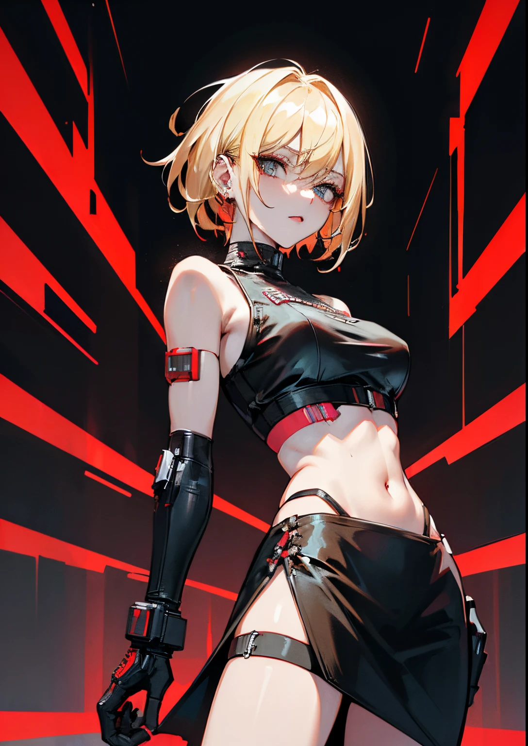 (Psychopath:1.2,Cyberpunk:1.2), full portrait, 4k resolution, dark background, front view, (woman:1.2), (short hair:1.2), (blonde hair:1.1|hair dyed red), (croptop black dress:1.15)